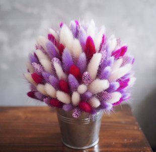 Composition of lilac and pink lagurus in a metal bucket №63