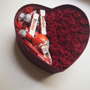 Red roses with kinders in a large heart box, composition №33