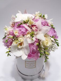Pink peonies with orchids in a box №8